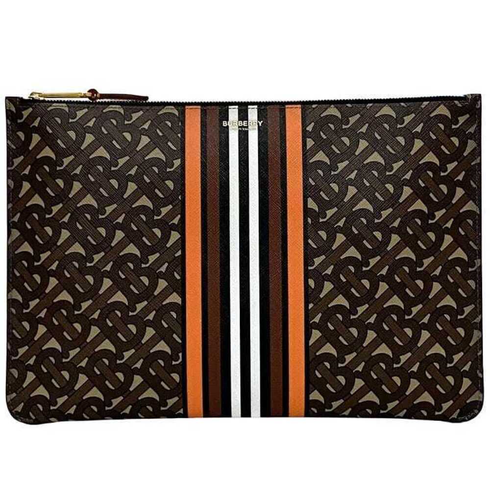 Burberry Clutch Bag Brown Beige Stripe TB Clutch All over Zipper